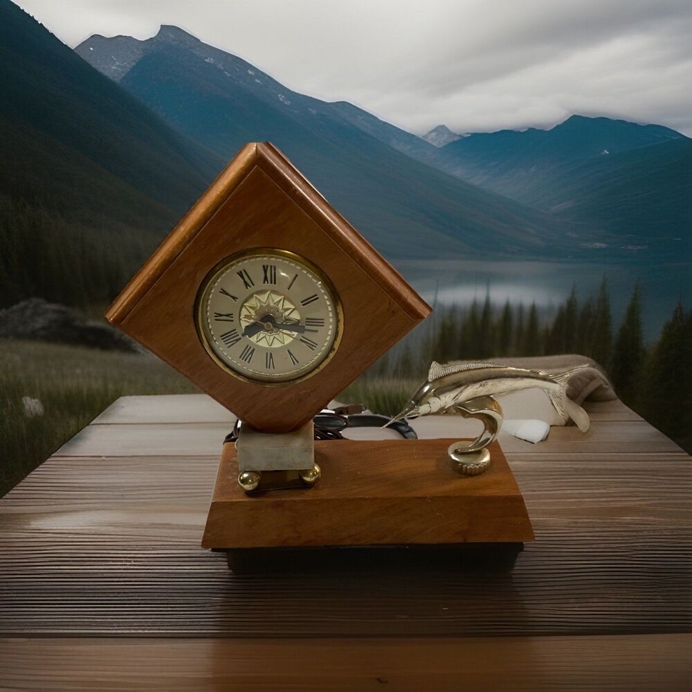 Mid-Century Modern 1970s Real Wood And Marble Decorative Desk Clock Marlin Nauti